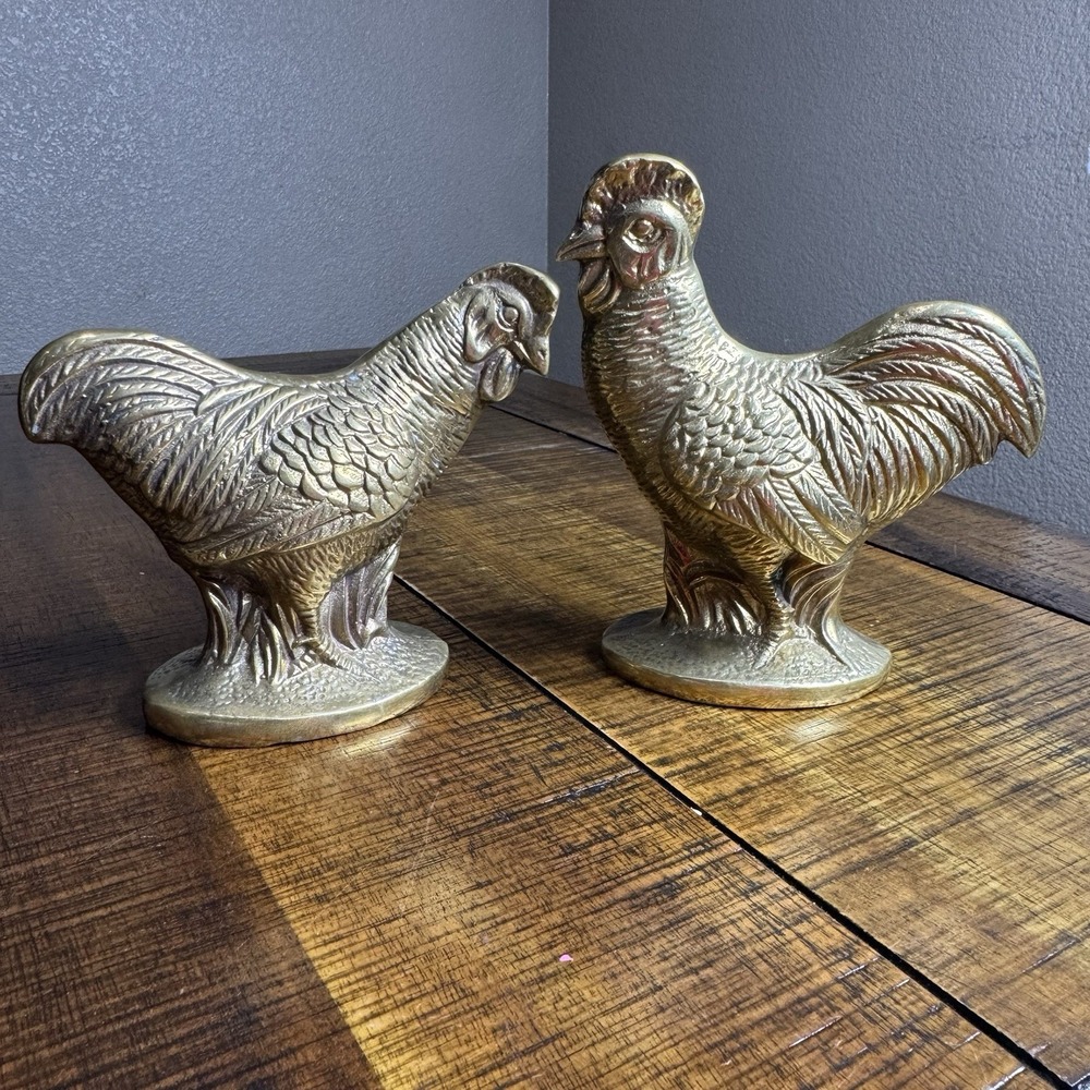 Pair Of Vintage Chicken‎ Figurines Heavy Brass Hen Rooster Korea